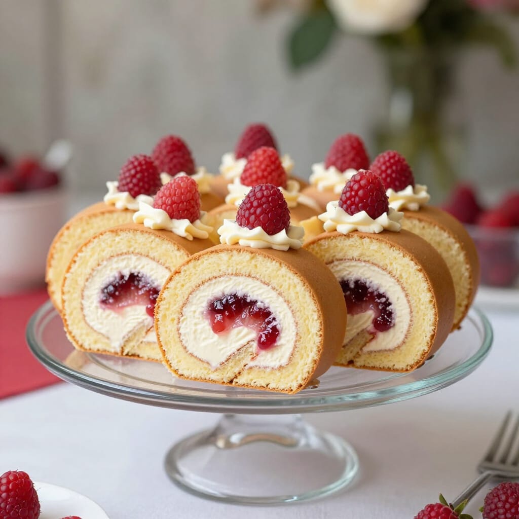 Almond Swiss Rolls with Cream & Raspberry Jam
