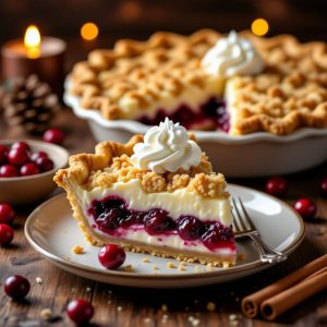 A close-up slice of cranberry cream cheese crumb pie revealing creamy filling, tangy cranberry layer, and buttery crumb topping.
