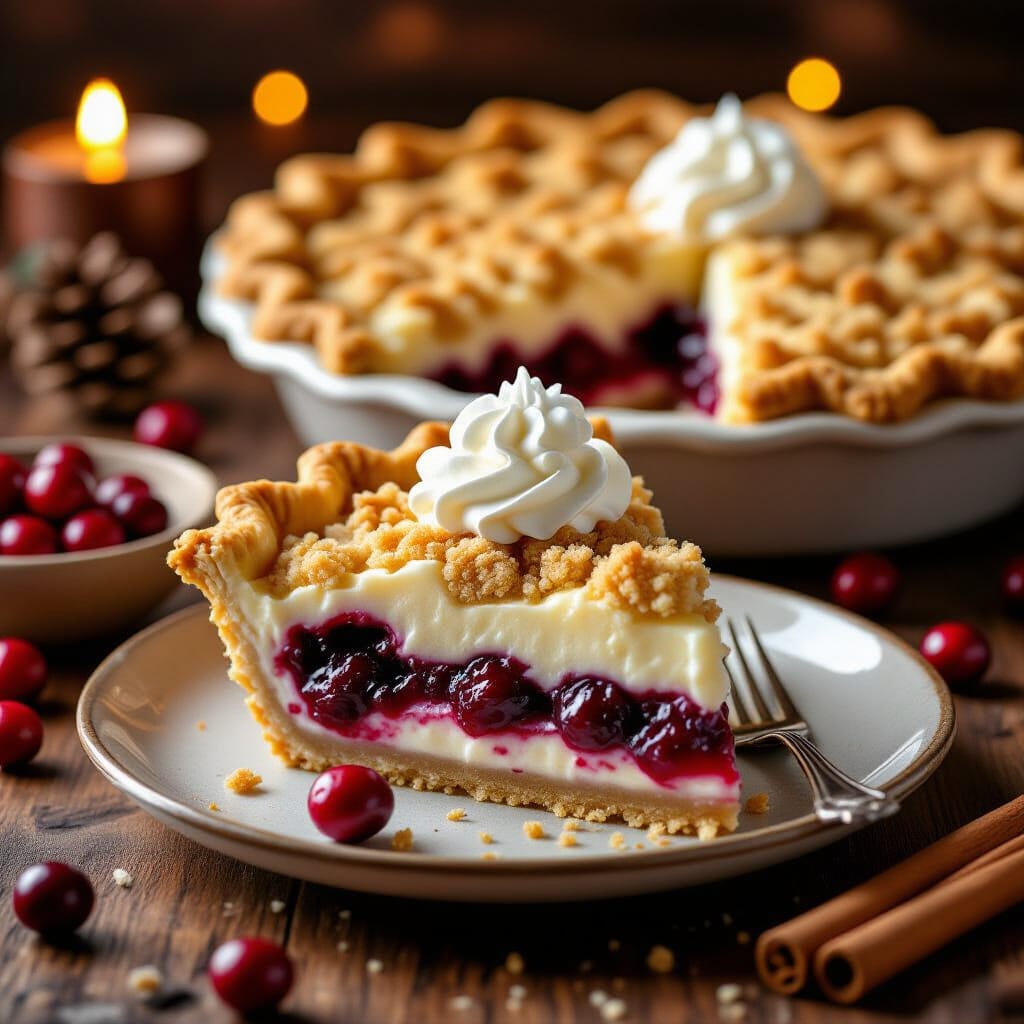 A close-up slice of cranberry cream cheese crumb pie revealing creamy filling, tangy cranberry layer, and buttery crumb topping.