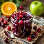 A jar of homemade apple-thickened cranberry sauce.