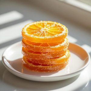 Photorealistic close-up of dehydrated candied orange slices, arranged on a white plate