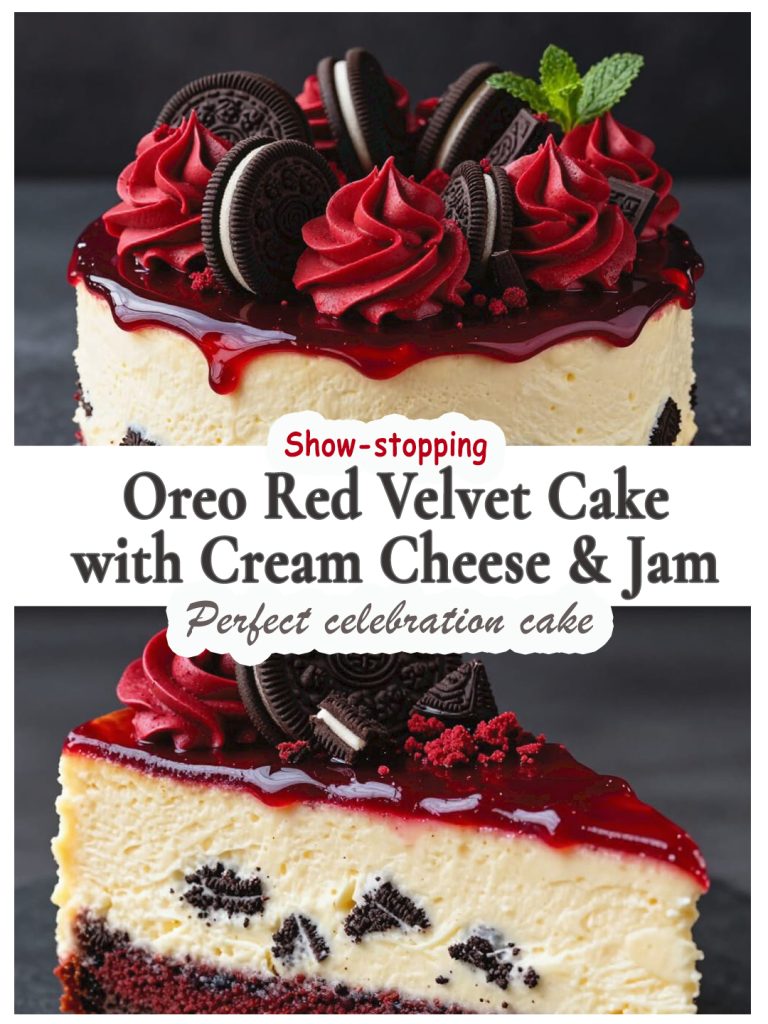 Oreo Red Velvet Cake with cream cheese and jam glaze