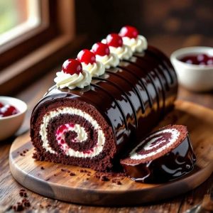 Elegant Black Forest Cake Roll with Homemade Sour Cherry Jam