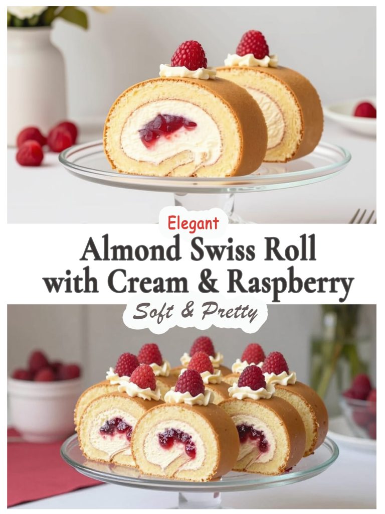 Almond Swiss roll with cream and raspberry jam