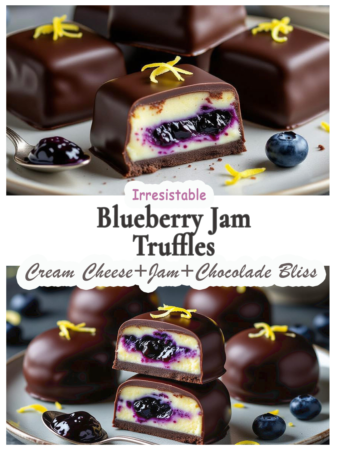 Blueberry Jam Cream Cheese Truffles with dark chocolate shell and creamy cheesecake filling