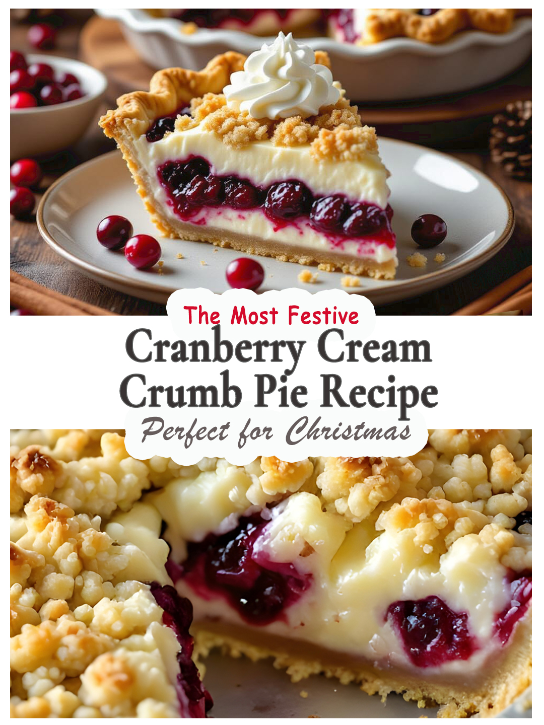 Cranberry cream cheese crumb pie slice with creamy filling and golden crumb topping